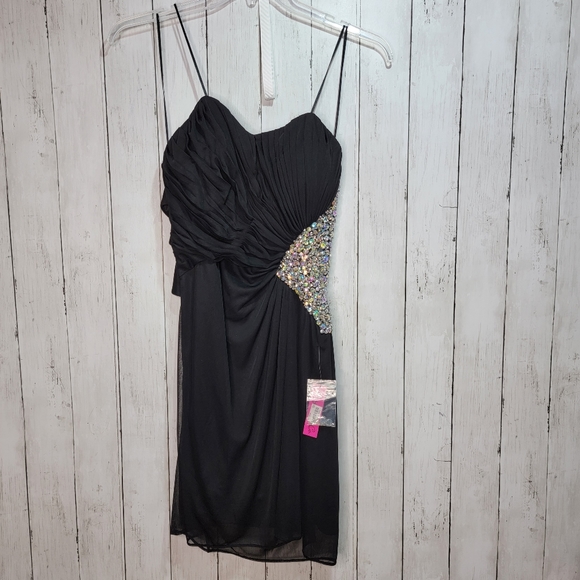 New! Morgan & Co Black Strapless Chiffon Rhinestone Dress Size 11/12 Short.